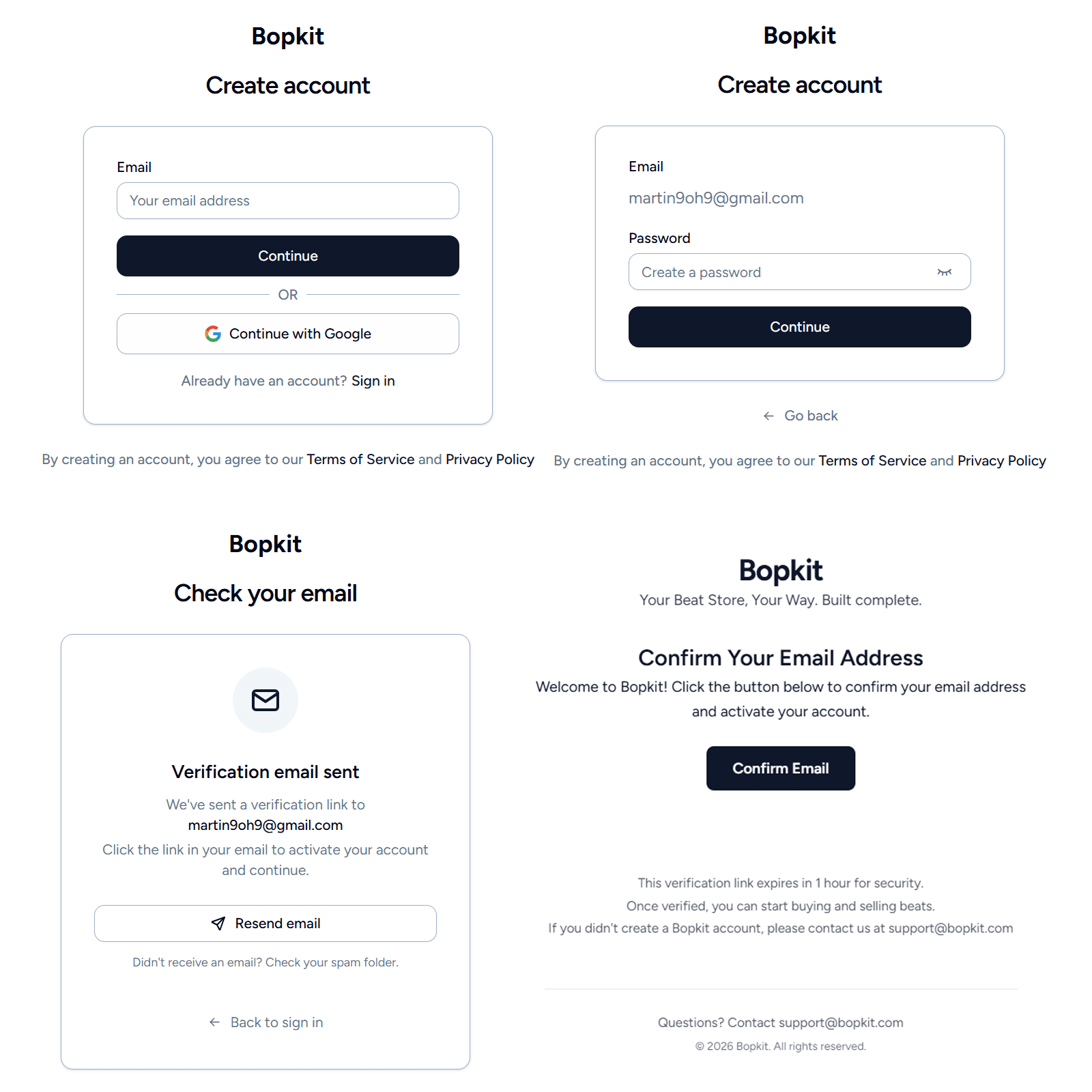 Bopkit sign-up flow: email input, password input, and check-your-email verification page