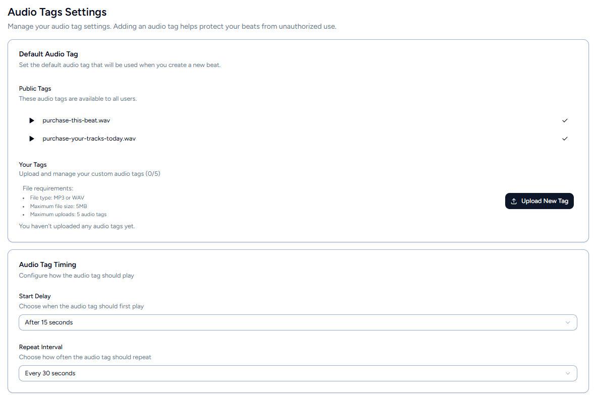 Audio tag settings page showing public and custom tags, timing configuration, and tag management