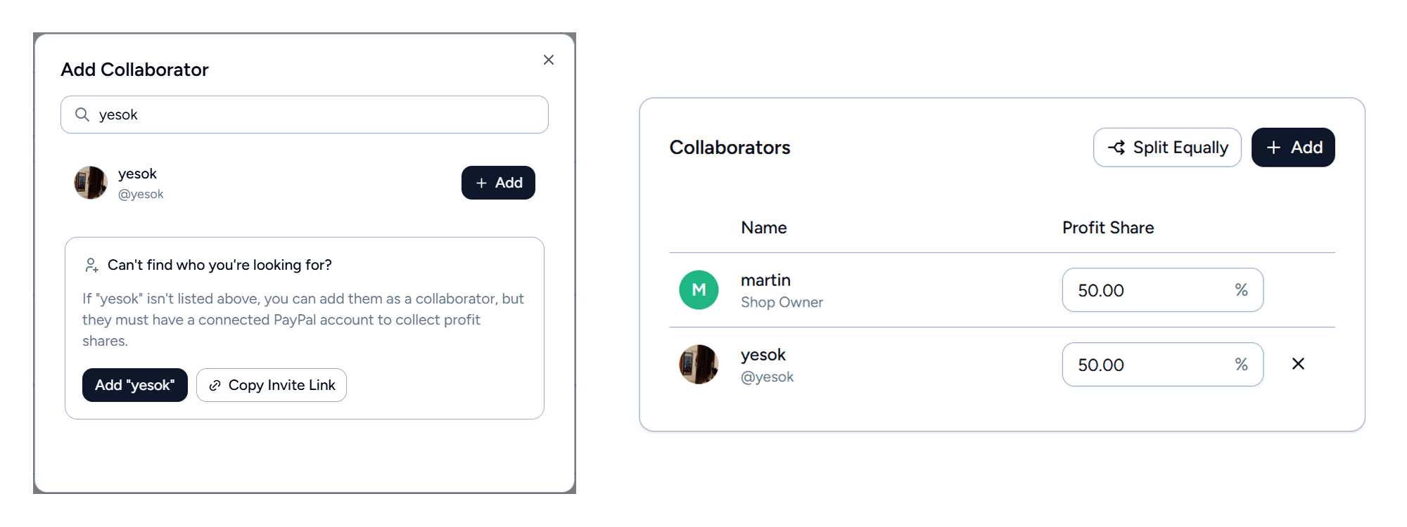 Collaborator management with user search, anonymous collaborator option, and profit share percentage sliders