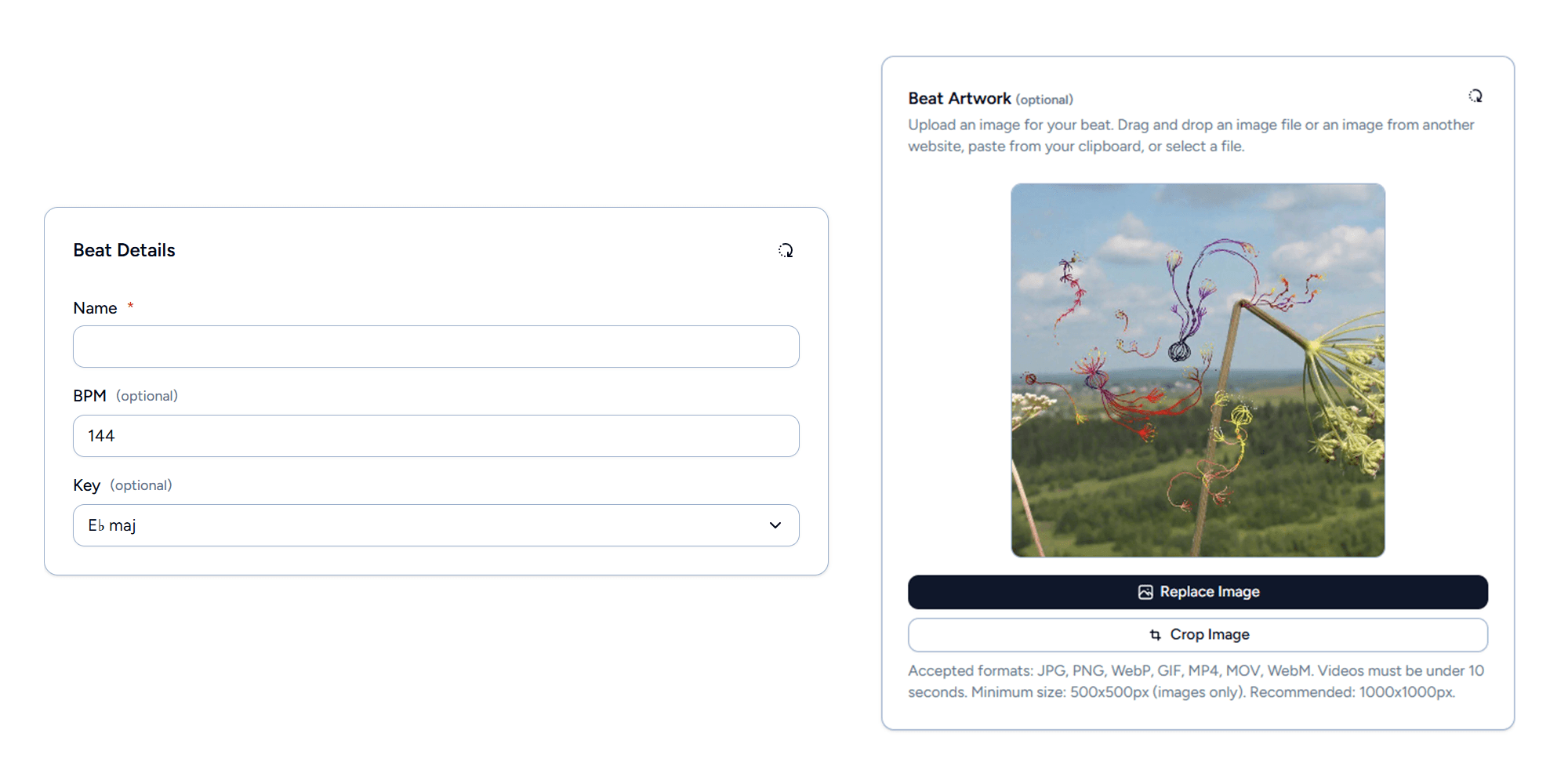 Beat metadata form with auto-detected BPM and key, artwork upload with cropping, and beat name input