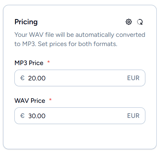 Beat pricing form with MP3 and WAV license price inputs and validation