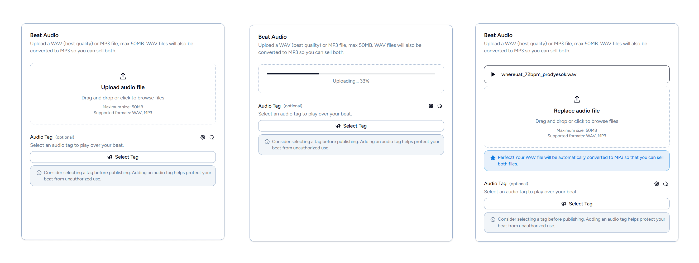 Beat creation page with drag-and-drop audio upload and progress indicator