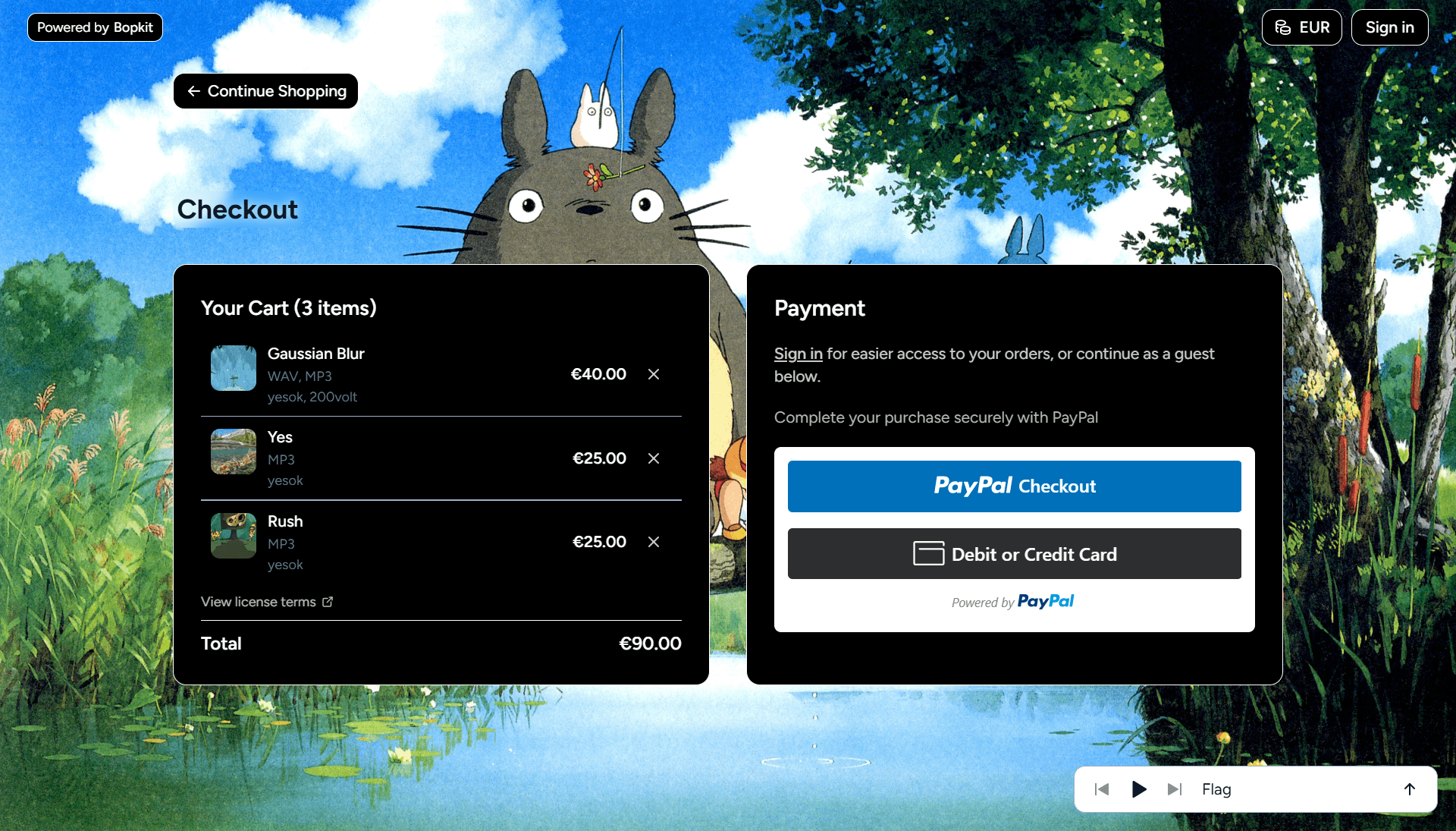 Checkout page with order summary and PayPal payment button