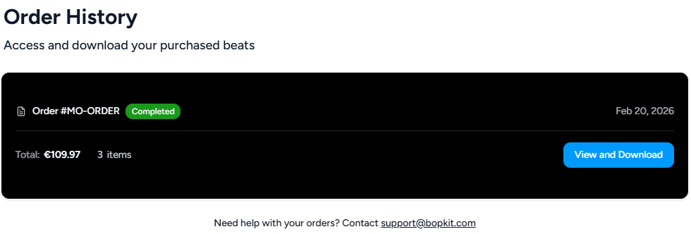 Order history page showing past purchases with status and download links
