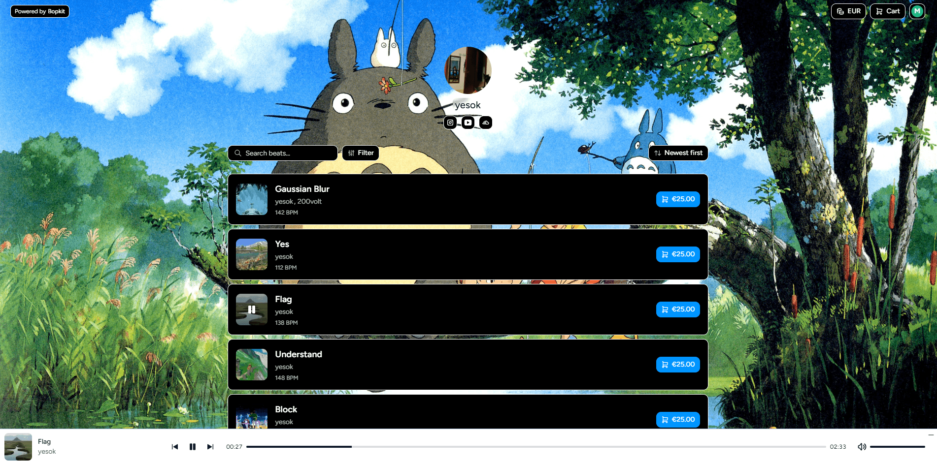 A producer's storefront showing the beat grid, profile section, and music player