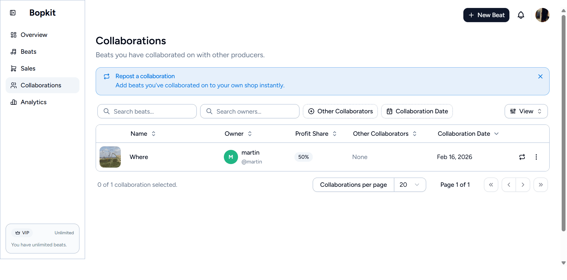 Collaborations page showing beats from other producers with profit share percentages and earnings