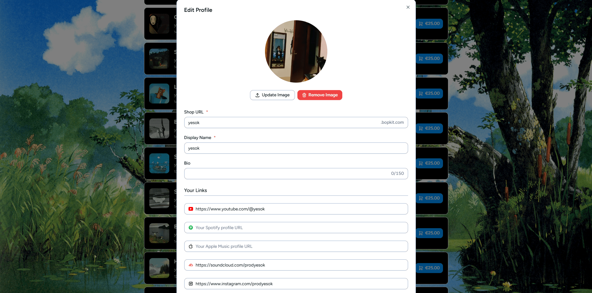 Edit profile dialog with avatar upload, display name, bio, and social links